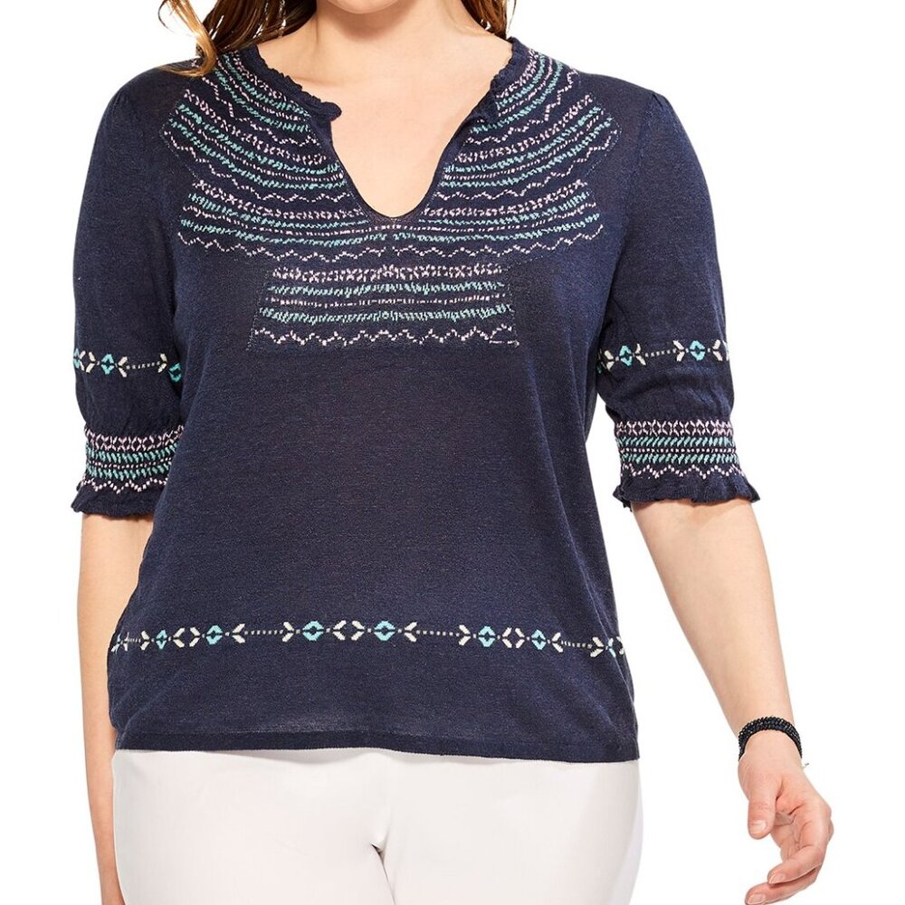 NIC+ZOE Plus Intarsia Stitches Linen-Blend Sweater 2x
